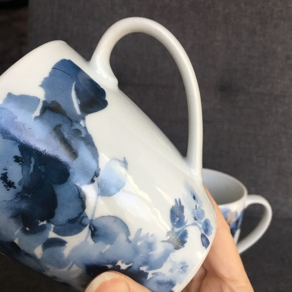 Set of 2 Midnight Roses Porcelain Coffee Mugs Blue White 12 oz